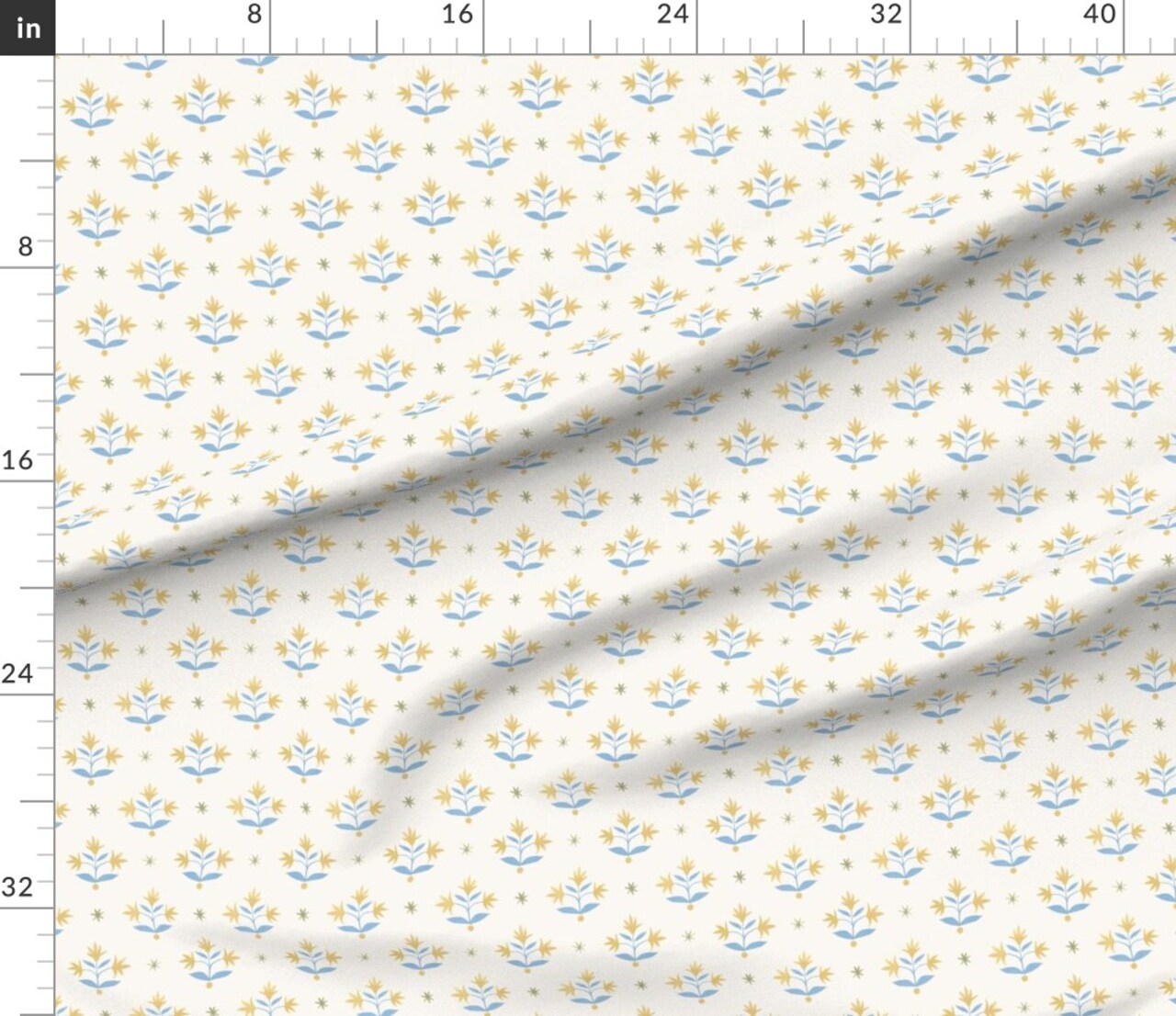 Traditional Floral Block Print Flower Meadow Cerulean Blue Marigold Olive Custom Printed Fabric by Spoonflower Various Fabrics by the Yard or Fat Quarter